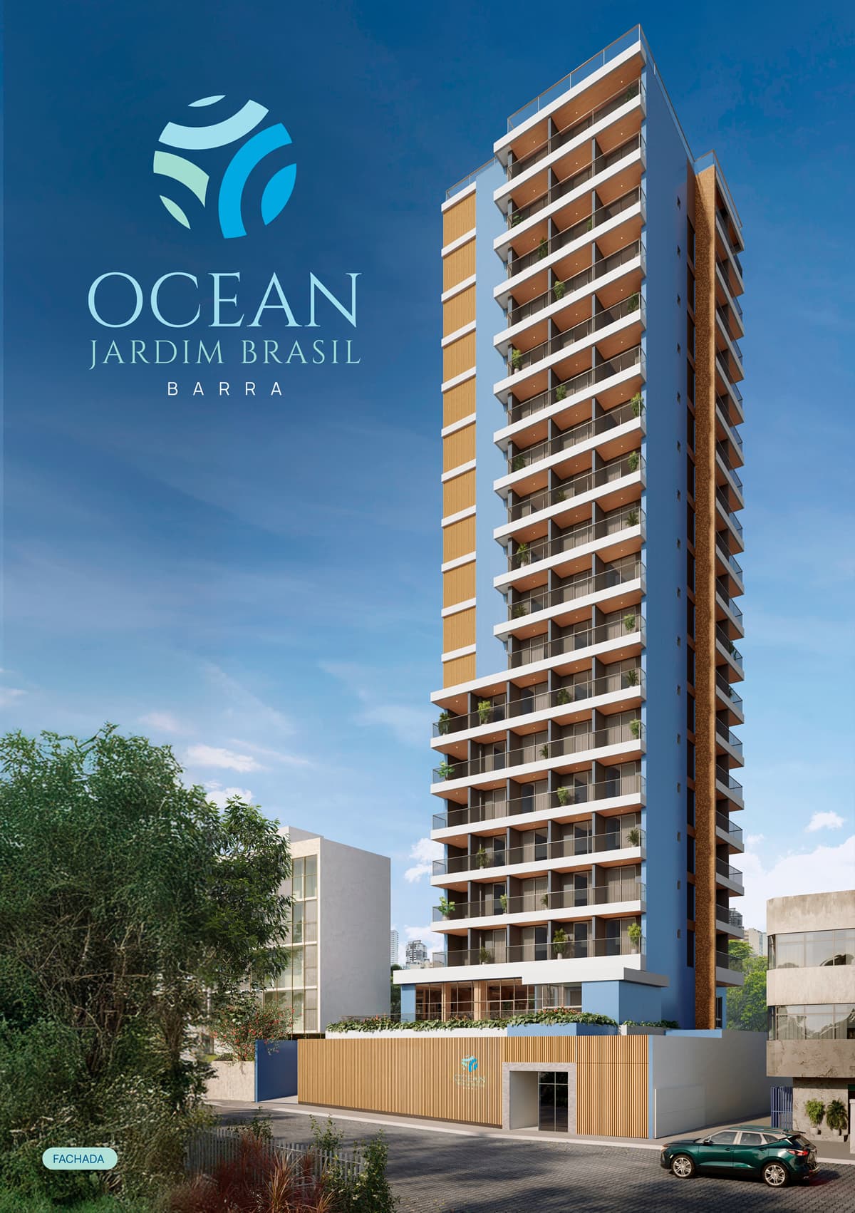 Fachada do OCEAN Jardim Brasil, torre residencial com varandas e base com acesso controlado no bairro Jardim Brasil, na Barra, em Salvador.