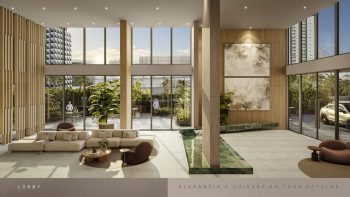 Lobby do Beach Class Bahia com pé-direito duplo, áreas de estar sofisticadas, iluminação natural e integração com jardins e acesso veicular.