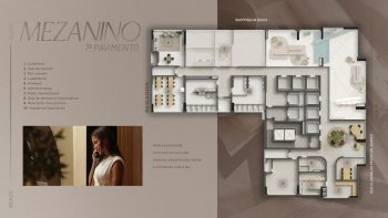 Planta do mezanino do Beach Class Bahia com coworking, salas de reunião, mini market, lavanderia, áreas administrativas e espaços de apoio no 7º pavimento.