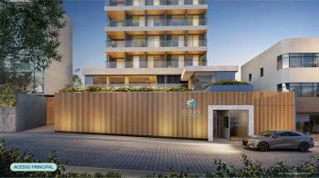 Acesso principal do OCEAN Jardim Brasil, com portaria, fachada em ripado e entrada residencial no Jardim Brasil, na Barra, em Salvador.