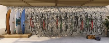 Bicicletário e pranchário do OCEAN Jardim Brasil, com suportes para bicicletas e pranchas em espaço organizado na Barra, em Salvador.