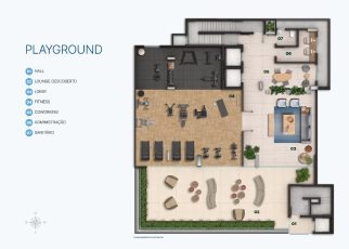 Planta ilustrativa do playground e áreas comuns do OCEAN Jardim Brasil, com lounge descoberto, lobby, fitness, coworking, administração e sanitários integrados.