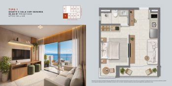 Planta baixa do apartamento tipo 1 do COLLECTION Barra, com quarto e sala, varanda e área privativa de 30,60 m² no bairro da Barra em Salvador.