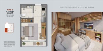 Planta baixa do studio tipo 2 do COLLECTION Barra com varanda, área privativa de 22,07 m², layout funcional e design moderno na Barra em Salvador.