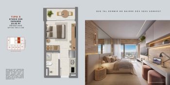 Studio tipo 3 do COLLECTION Barra com quarto integrado, espaço para home office, varanda e vista para a Barra em Salvador, com design moderno.