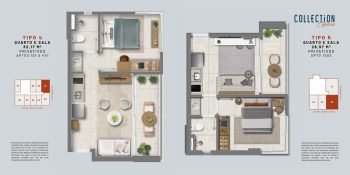 Plantas baixas dos apartamentos tipo 4 e tipo 5 do COLLECTION Barra, com quarto e sala, metragens entre 29,97 m² e 32,17 m², no bairro da Barra em Salvador.