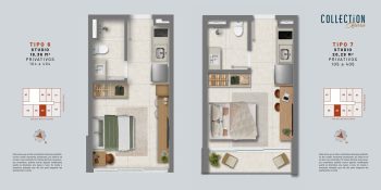Plantas baixas dos studios tipo 6 e tipo 7 do COLLECTION Barra, com áreas privativas de 18,36 m² e 20,29 m², no bairro da Barra em Salvador.