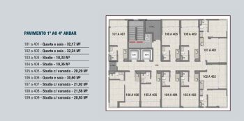 Planta baixa do pavimento do 1º ao 4º andar do COLLECTION Barra, com distribuição dos apartamentos, studios e áreas técnicas no edifício.
