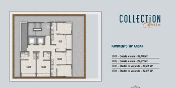 Planta baixa do 10º andar do COLLECTION Barra com apartamentos quarto e sala e studios com varanda, incluindo áreas comuns e circulação vertical.