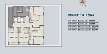 Planta baixa dos pavimentos do 11º ao 14º andar do COLLECTION Barra com apartamentos quarto e sala e studios com varanda.