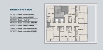 Planta baixa do pavimento do 5º ao 9º andar do COLLECTION Barra, com distribuição de apartamentos quarto e sala, studios e unidades com varanda.