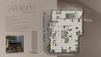 Planta baixa do primeiro pavimento de garagem do Beach Class Bahia, com vagas de estacionamento, acessos de veículos, pedestres, rampas e integração ao Shopping da Bahia.