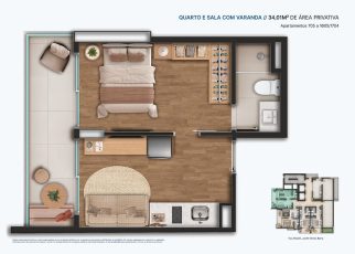 Planta baixa de apartamento quarto e sala com varanda no OCEAN Jardim Brasil, com 34,01 m² de área privativa, layout integrado e varanda funcional no Jardim Brasil, Barra.
