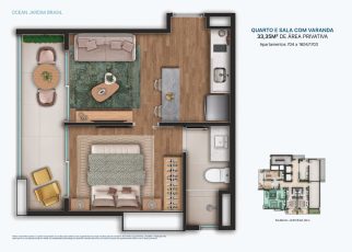 Planta baixa de apartamento quarto e sala com varanda no OCEAN Jardim Brasil, com 33,35 m² de área privativa, ambientes integrados e varanda funcional na Barra.