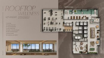 Planta baixa do Rooftop Wellness do Beach Class Bahia, com áreas de academia, piscina aquecida, spa, espaços gourmet e acesso integrado ao Shopping da Bahia