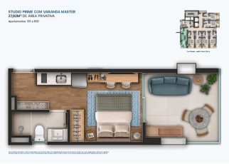 Planta baixa do Studio Prime com varanda master no OCEAN Jardim Brasil, com 27,02 m² de área privativa, layout integrado e varanda ampla no Jardim Brasil, Barra.