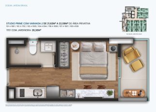 Planta baixa do Studio Prime com varanda no OCEAN Jardim Brasil, com metragens entre 21,62 m² e 22,08 m² de área privativa, layout integrado e varanda funcional na Barra.