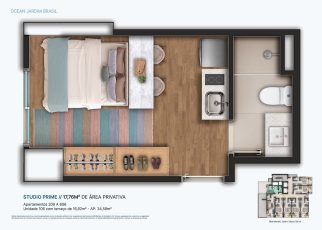 Planta baixa do Studio Prime no OCEAN Jardim Brasil, com 17,76 m² de área privativa, layout integrado, cozinha compacta e banheiro funcional no Jardim Brasil, Barra.