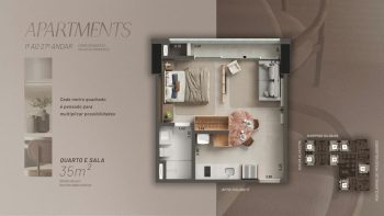 Planta baixa do apartamento quarto e sala no Beach Class Bahia com 35 m², ambientes integrados e layout funcional.