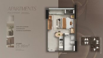 Planta baixa do apartamento tipo Studio no Beach Class Bahia com 25,86 m², layout integrado e aproveitamento inteligente dos espaços.