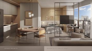 Apartamento tipo quarto e sala de 35 m² do Beach Class Bahia, com ambientes integrados, cozinha funcional, área de estar e dormitório com separação leve