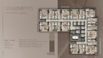 Planta baixa dos apartamentos tipo studio e quarto e sala do Beach Class Bahia, do 1º ao 27º andar, com distribuição por colunas e metragens entre 25 m² e 44 m²