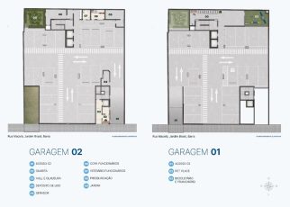 Planta baixa das garagens 01 e 02 do OCEAN Jardim Brasil, com vagas, acessos, bicicletário, pranchário, pet place e áreas técnicas na Rua Maciel, Barra, Salvador.