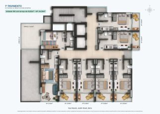 Planta baixa do 1º pavimento do OCEAN Jardim Brasil, com studios e unidades de quarto e sala, áreas privativas, terraço e circulação no Jardim Brasil, Barra, Salvador.