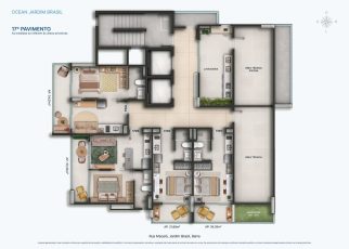 Planta baixa do 17º pavimento do OCEAN Jardim Brasil, com apartamentos, lavanderia coletiva, áreas técnicas e jardinera, localizada no Jardim Brasil, Barra.