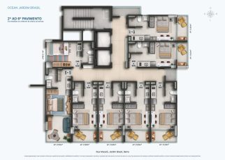 Planta baixa do 2º ao 6º pavimento do OCEAN Jardim Brasil, com studios e apartamentos de quarto e sala, varandas, áreas privativas e circulação central no Jardim Brasil, Barra, Salvador.