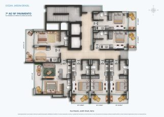 Planta baixa do 7º ao 16º pavimento do OCEAN Jardim Brasil, com studios e apartamentos de quarto e sala, varandas ampliadas, áreas privativas e circulação central, no Jardim Brasil, Barra, Salvador.