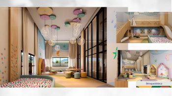 Brinquedoteca do LeVille Residence com piscina de bolinhas, escalada infantil e decoração colorida em ambiente seguro.