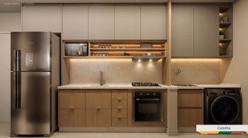 Cozinha moderna do LeVille Residence com armários planejados, iluminação embutida e eletrodomésticos integrados.