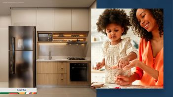 Cozinha moderna do LeVille Residence ao lado de mãe e filha preparando alimentos em momento familiar.