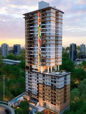 Fachada do LeVille Residence com torre moderna e painel artístico colorido em destaque.