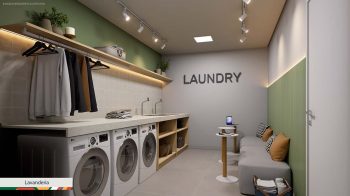 Lavanderia do LeVille Residence com máquinas modernas, bancada funcional e espaço organizado para uso coletivo.