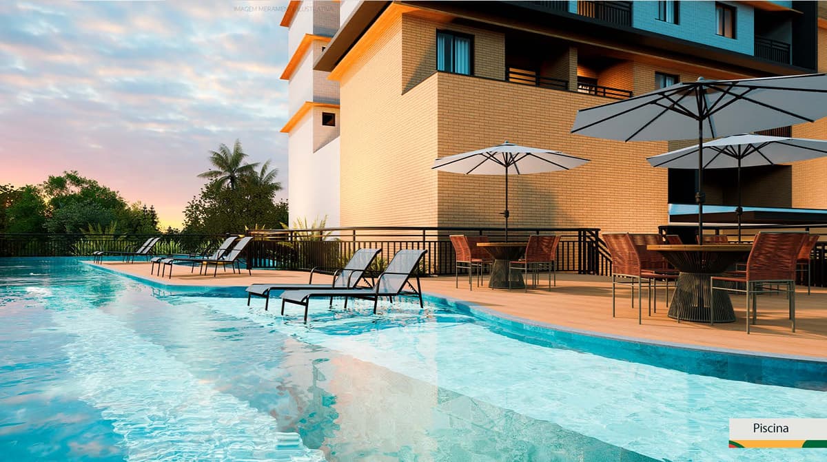 Piscina com deck e área de convivência do LeVille Residence Piscina do LeVille Residence com espreguiçadeiras dentro da água e área de descanso com mesas e guarda-sóis.