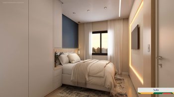 Suíte do LeVille Residence com cama confortável, iluminação indireta e decoração moderna.