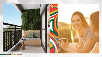 Varanda do LeVille Residence com jardim vertical e, ao lado, amigas conversando ao ar livre.