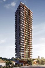 Torre residencial moderna com varandas ajardinadas e fachada elegante no Bosque Caminho das Árvores.