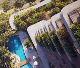 Fachada com varandas ajardinadas e vegetação nativa integrada ao paisagismo e à área da piscina.