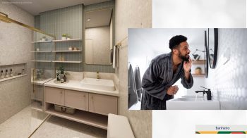 Banheiro moderno do LeVille Residence com bancada elegante e homem realizando cuidados pessoais diante do espelho.