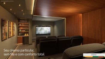 Cinema do LeVille Residence com poltronas confortáveis, iluminação suave e espaço snack integrado.