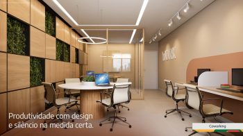 Coworking do LeVille Residence com mesas de trabalho, cadeiras ergonômicas e ambiente iluminado.