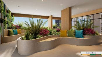 Jardim interno do LeVille Residence com paisagismo tropical, bancos integrados e almofadas coloridas.