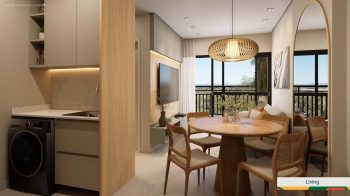 Living do LeVille Residence com mesa de jantar, cozinha integrada e varanda com vista externa.