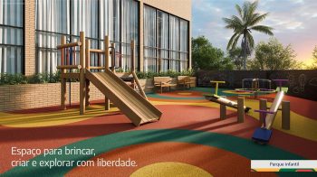 Parque infantil do LeVille Residence com escorregador, brinquedos educativos e piso emborrachado colorido.