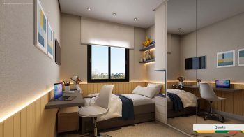 Quarto do LeVille Residence com cama de solteiro, bancada de estudos, iluminação indireta e armário espelhado.