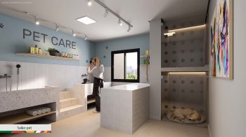 Salão pet do LeVille Residence com área de banho, bancada elevada para cuidados e espaço confortável para descanso dos animais.