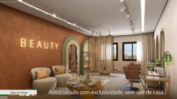 Salão de beleza do LeVille Residence com cadeiras profissionais, espelhos iluminados e área de espera elegante.